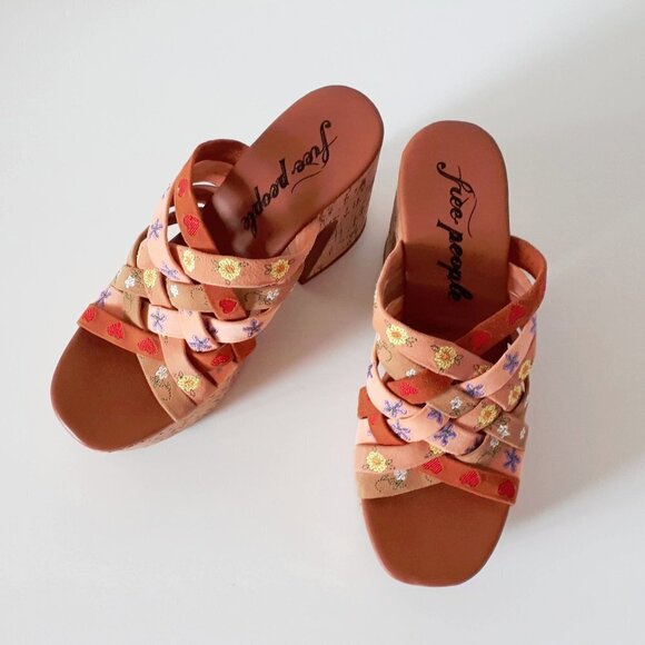 NWOT Free People leather suede floral embroidered strap cork platform mules - Picture 7 of 12